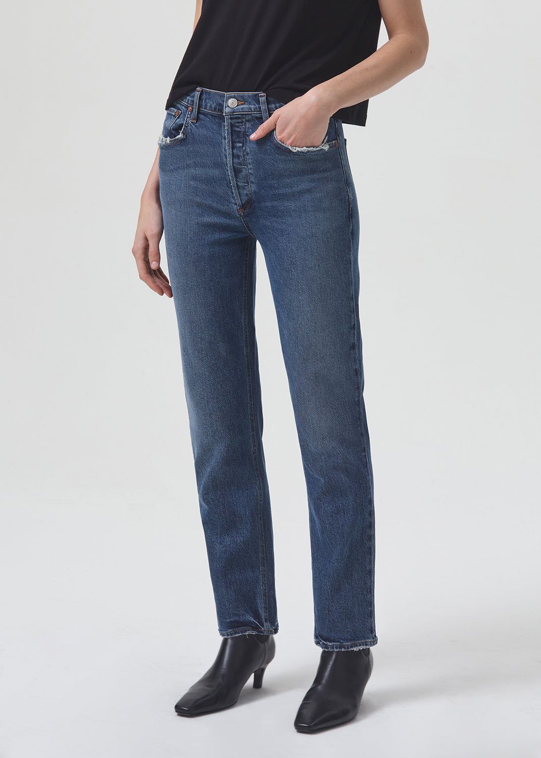 Agolde Riley Long High Rise Straight STRETCH Denim Dames Pose | GXB056493